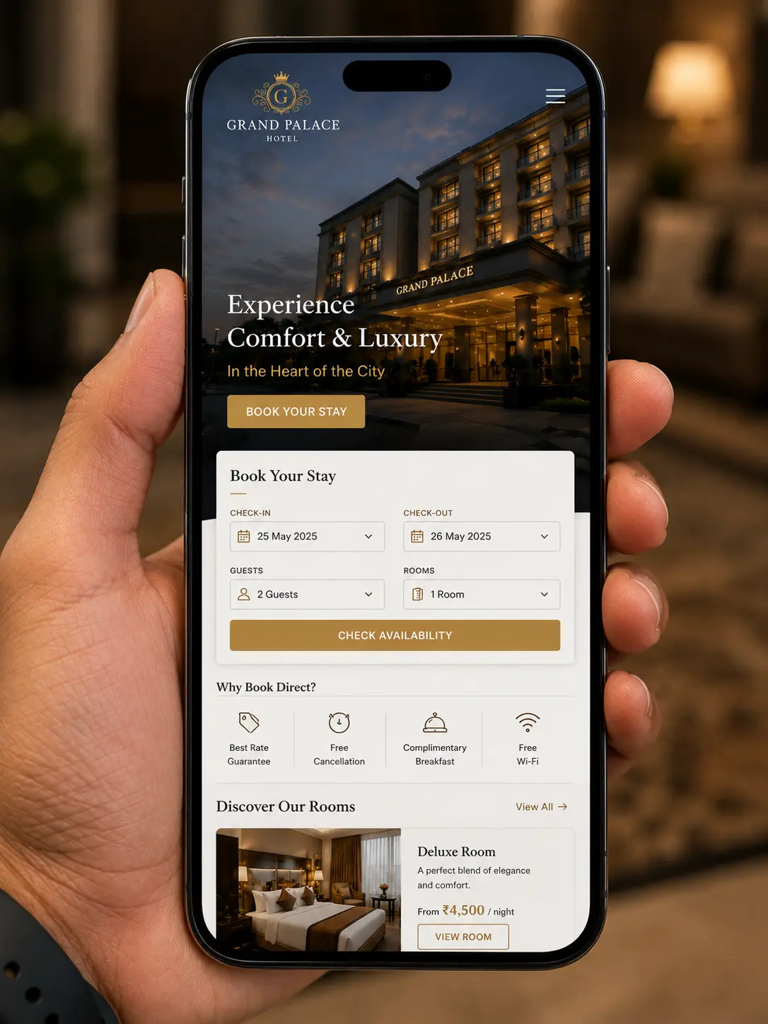 Hotel website room page — a strong property shown clearly so guests do not hesitate
