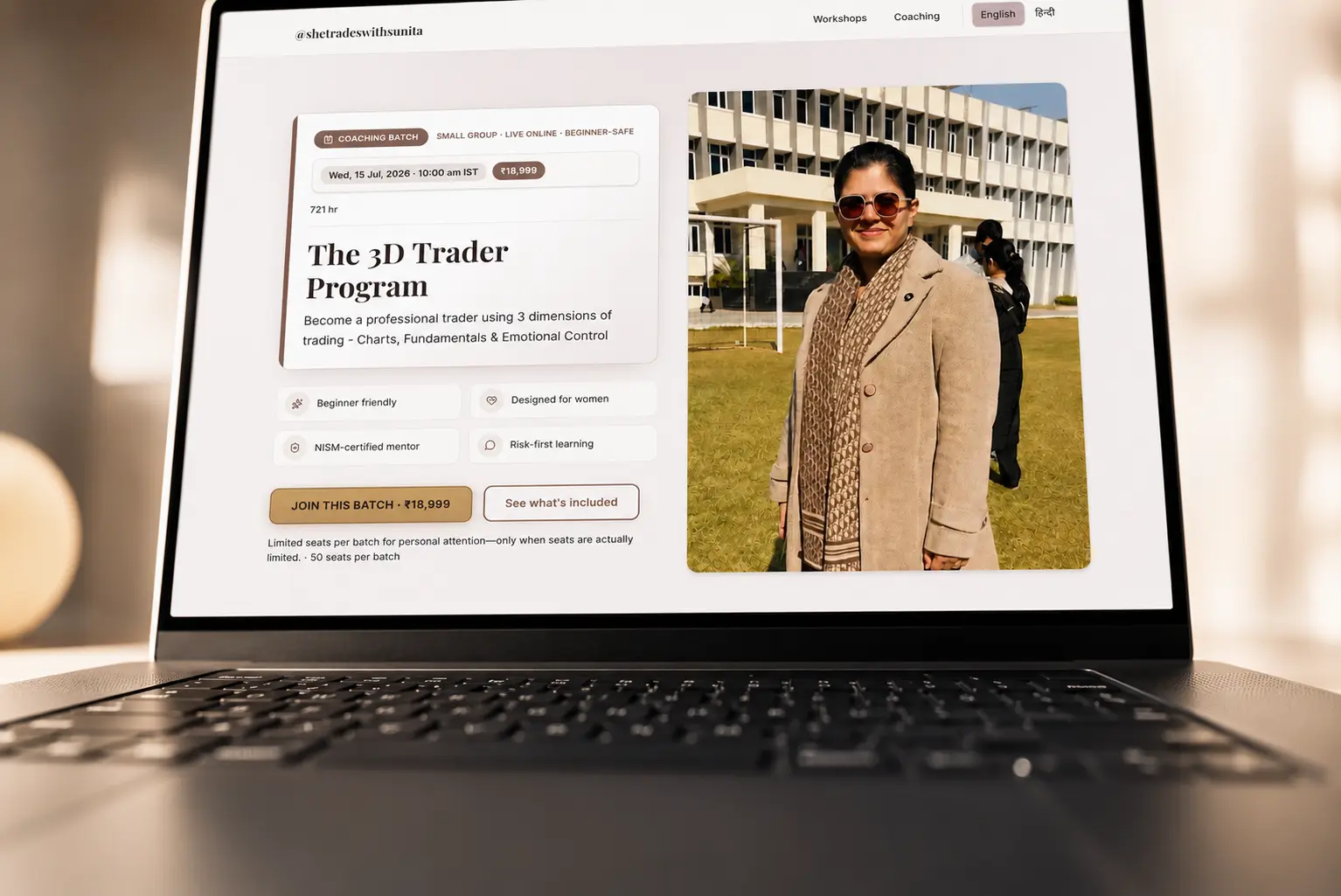 She Trades with Sunita course landing page for workshop registration