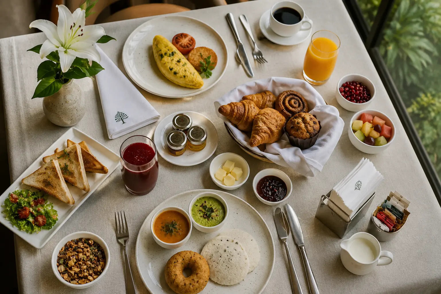 Breakfast table with food, linen, and a flower