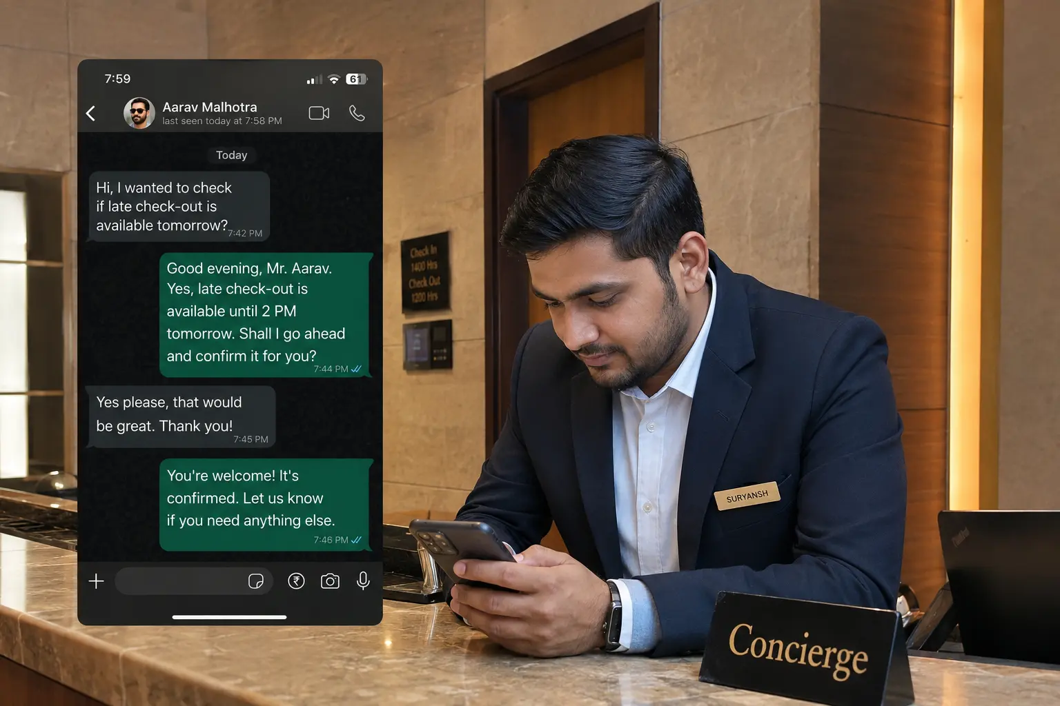 Front-office staff messaging a guest on WhatsApp at the desk