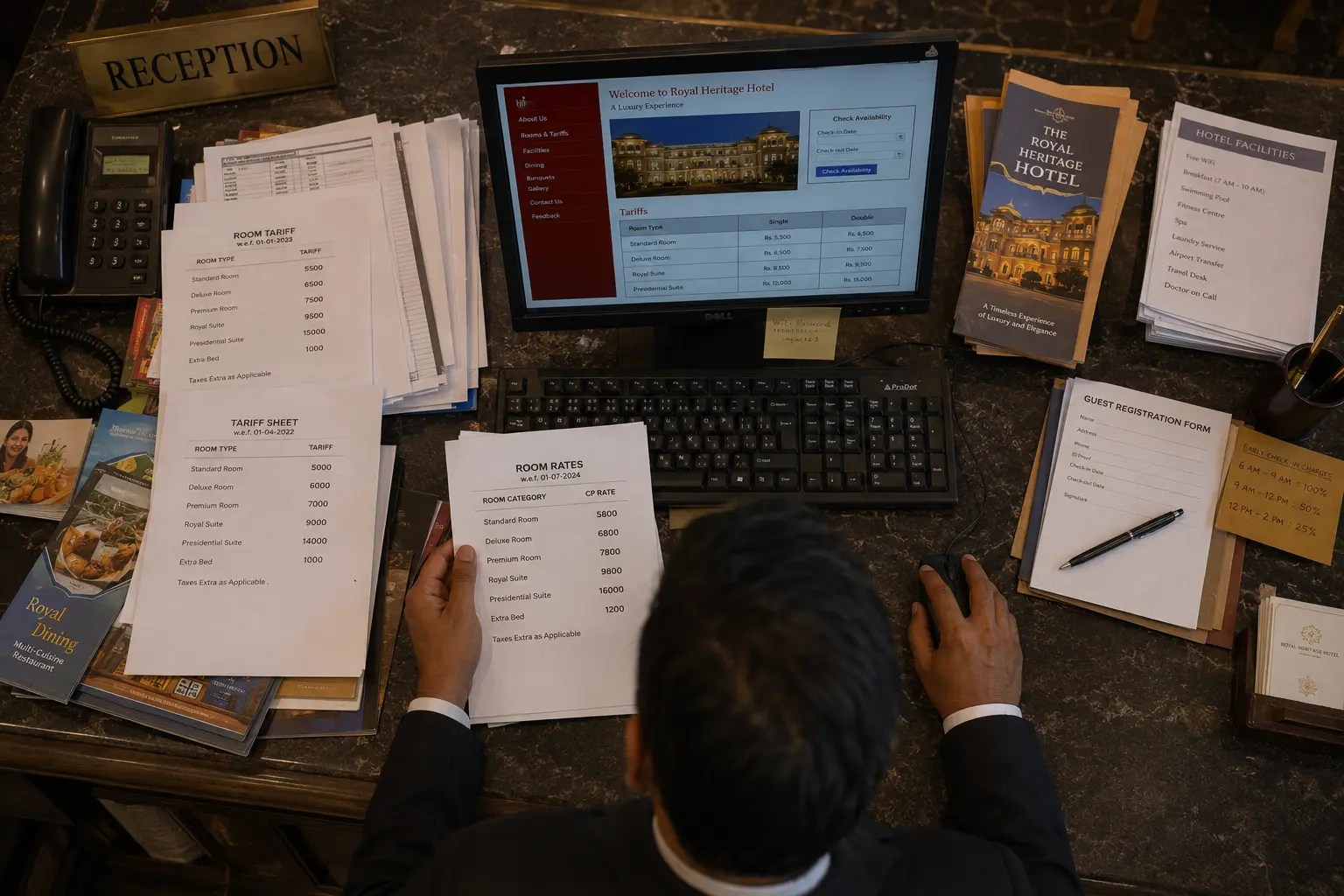 Cluttered hotel front desk with brochures and papers