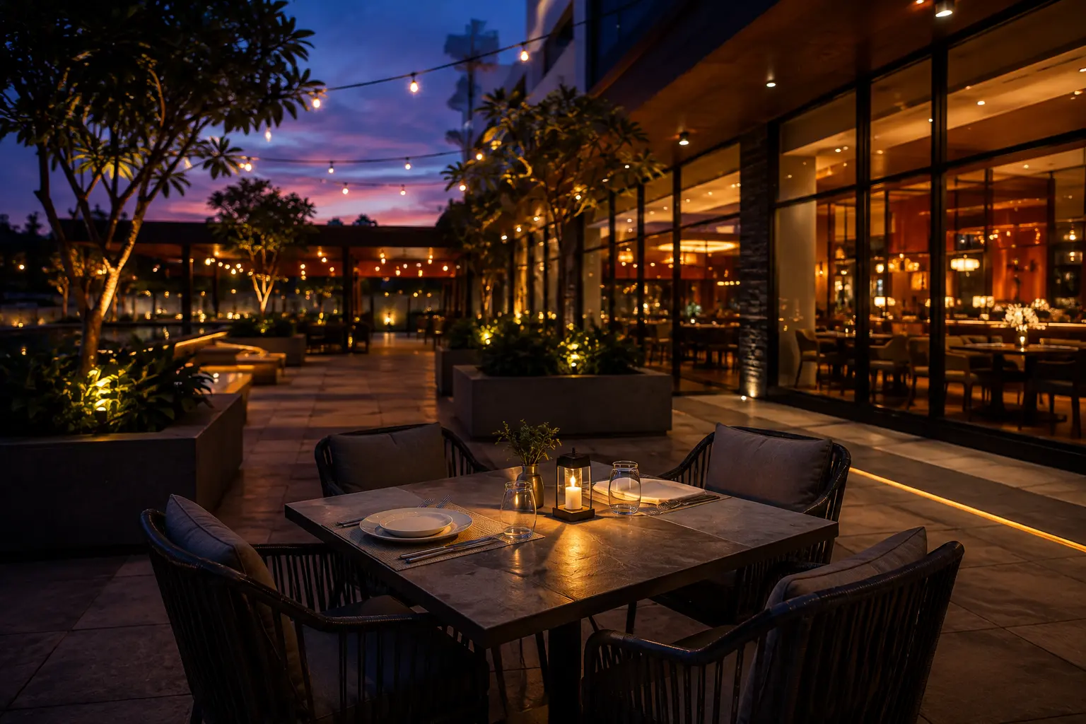 Empty outdoor garden table set for dinner at dusk