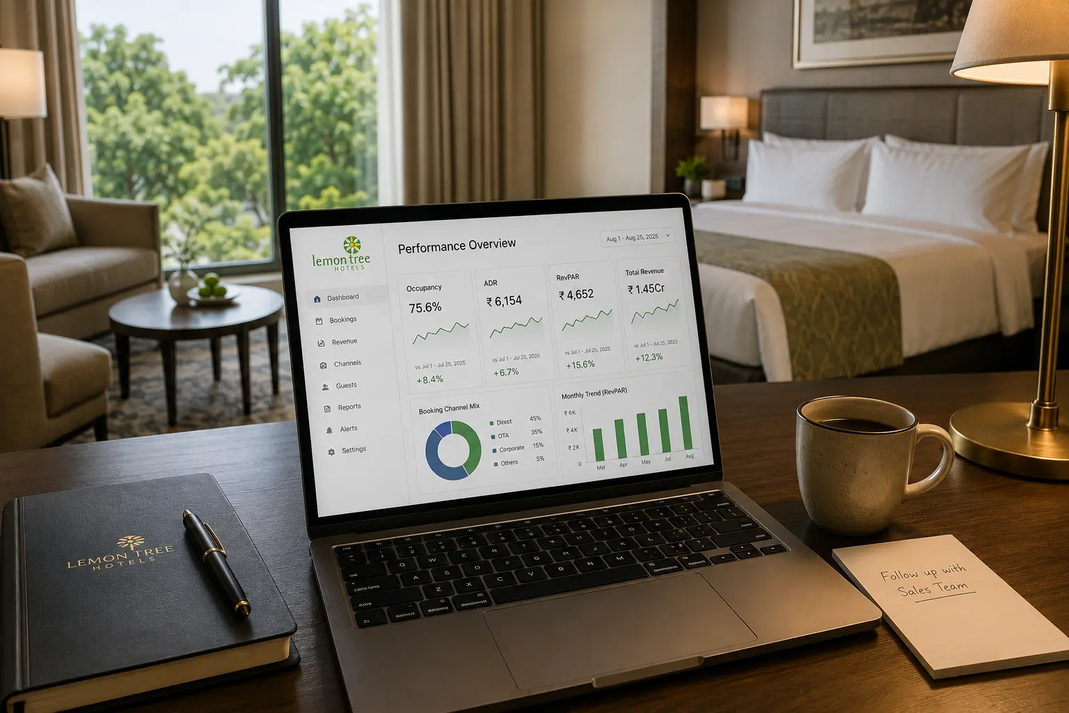 Laptop on a writing desk in a hotel suite