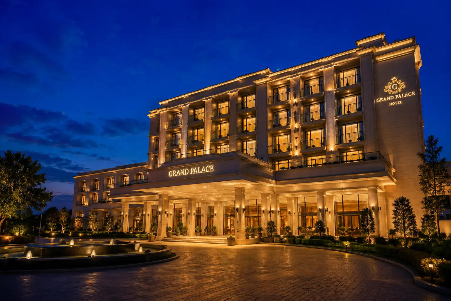 Hotel facade at blue hour just after sunset, lights on