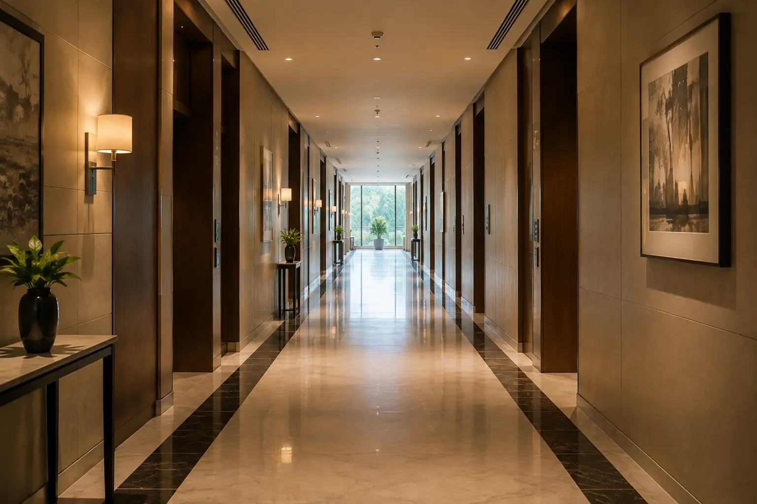 Empty hotel corridor with natural light at the far end