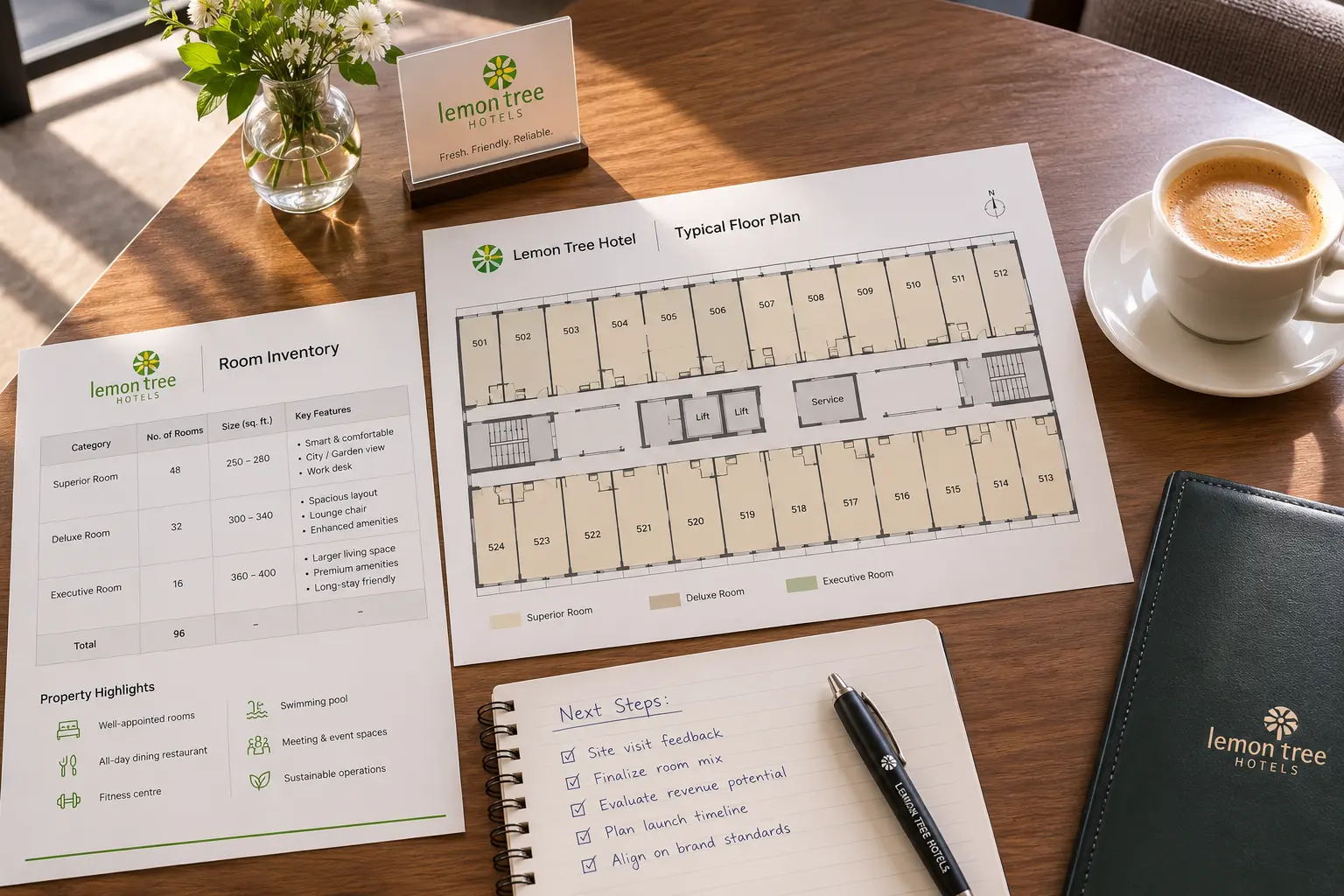 Floor plan and room list on a wood table