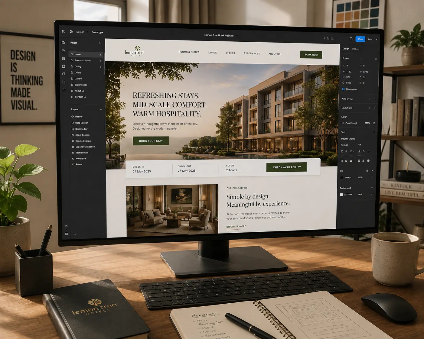 Hotel homepage design in progress on a large studio screen