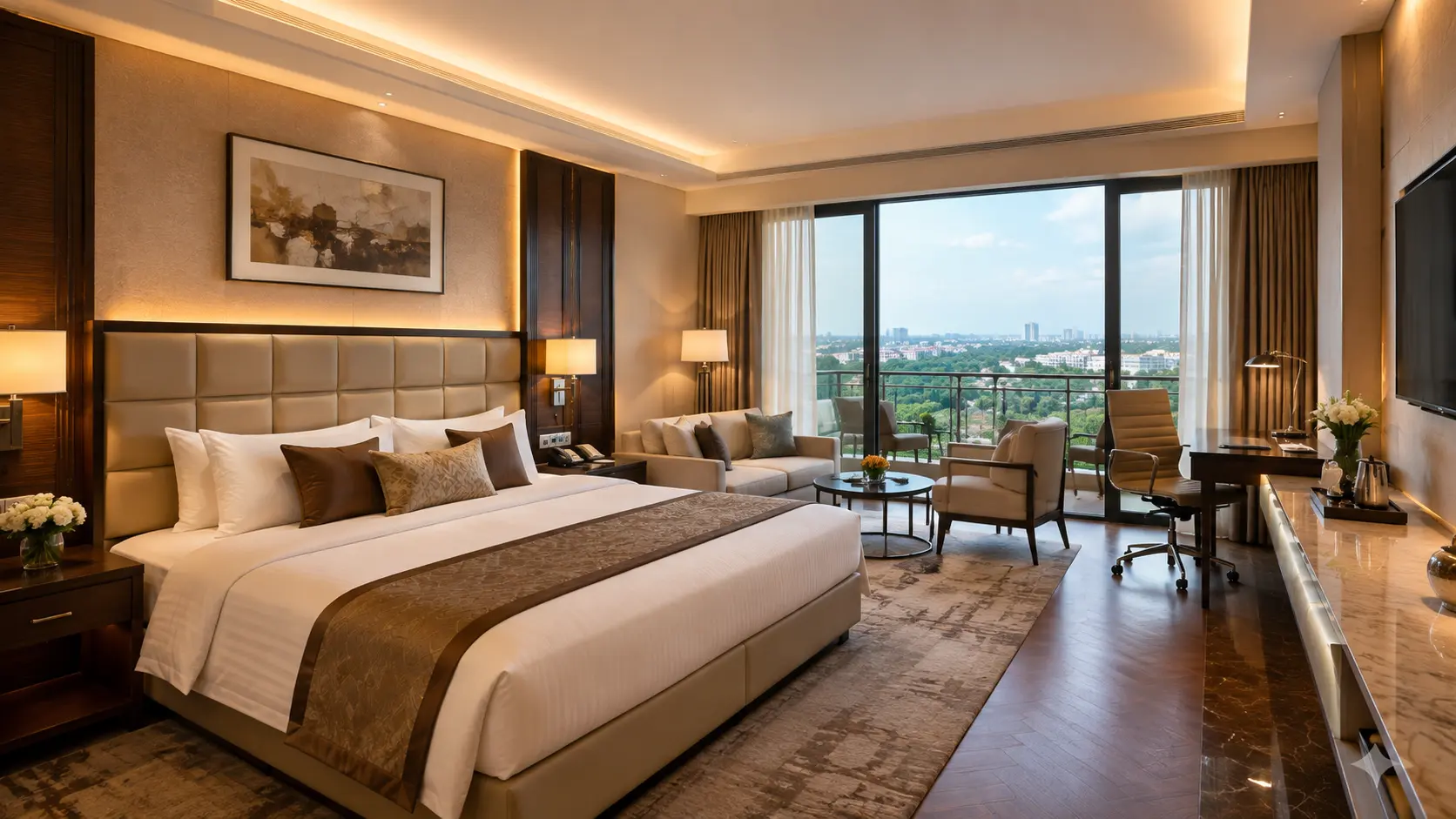 Wide interior of a signature hotel suite with bed, sitting area, and a view