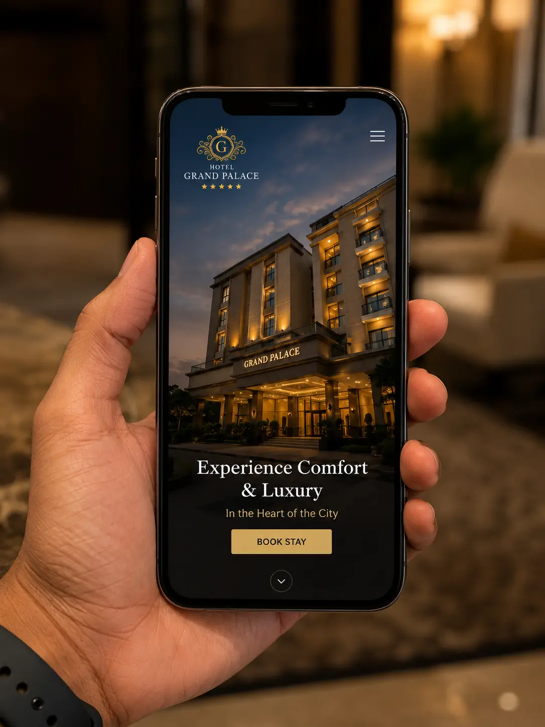 Hotel website homepage on a laptop — the first look guests get of the stay