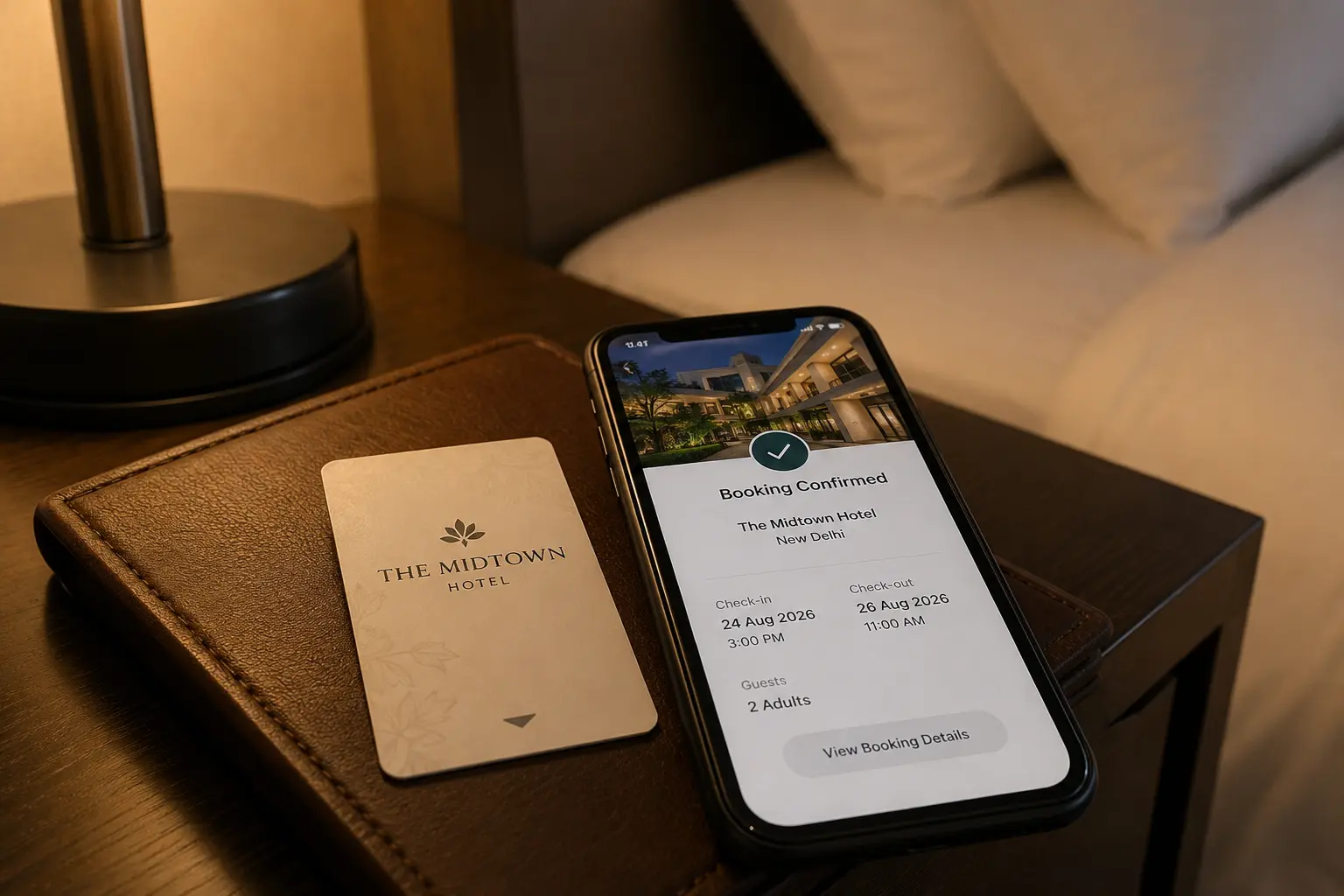 Hotel key card on a nightstand next to a phone showing a booking confirmation