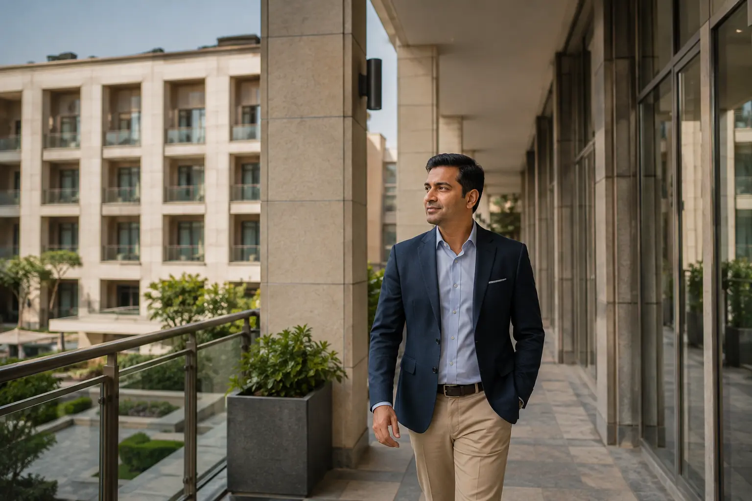 Hotel owner on the property, walking the grounds with the building in frame