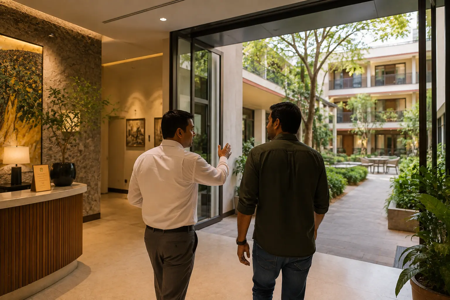 Walking through the hotel lobby into the courtyard