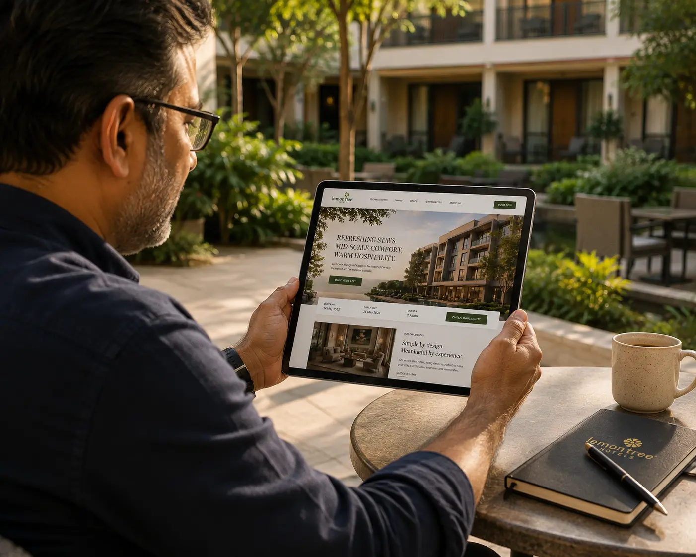 Hotel owner reviewing the new website on a tablet