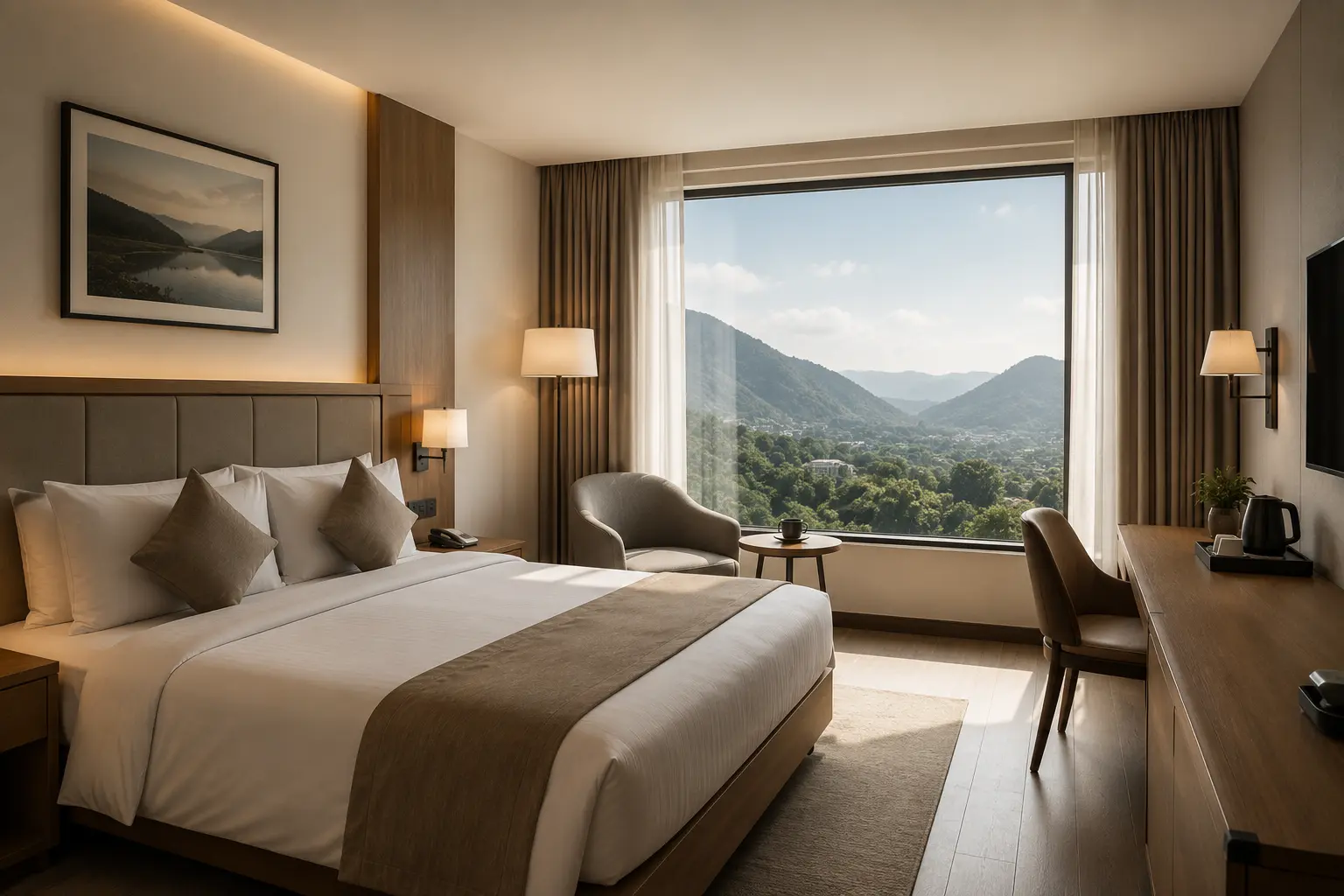 Signature hotel room with bed and window light